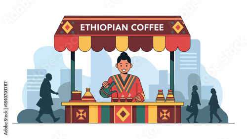 Ethiopian coffee vendor pouring traditional brew at street stall. Flat vector for cultural beverages and African street food scenes