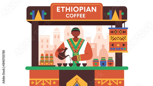 Ethiopian coffee vendor pouring traditional brew at street stall. Flat vector for cultural beverages and African street food scenes