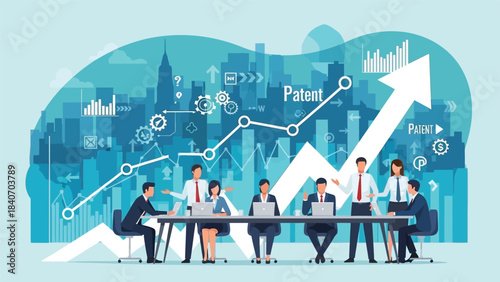 Vector Illustration of Business Professionals Discussing Patent Strategy and Intellectual Property Growth