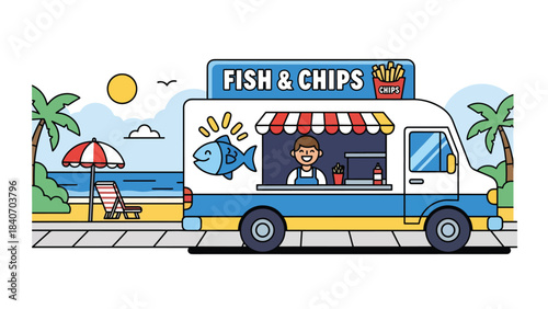 Australian food truck selling fish and chips near beach promenade. Flat vector for global street food and seaside culinary themes