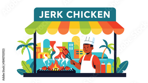 Caribbean jerk chicken vendor grilling spicy chicken at street stall. Flat vector for tropical cuisine and island-style street food culture
