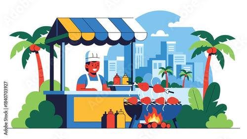 Caribbean jerk chicken vendor grilling spicy chicken at street stall. Flat vector for tropical cuisine and island-style street food culture