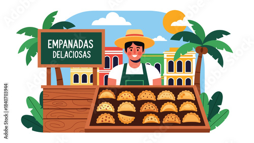 South American empanada vendor selling pastries from wooden stall. Flat vector for bakery snacks and cultural Latin street food themes