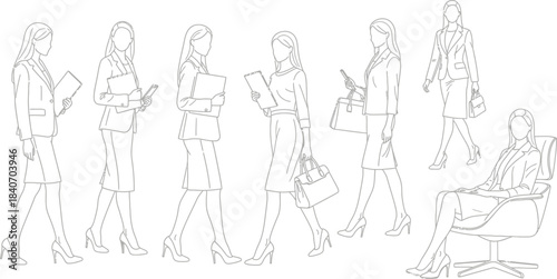 Businesswomen Vector Illustration with Diverse Poses: Walking, Standing, and Sitting Office Professionals