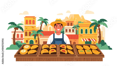 South American empanada vendor selling pastries from wooden stall. Flat vector for bakery snacks and cultural Latin street food themes