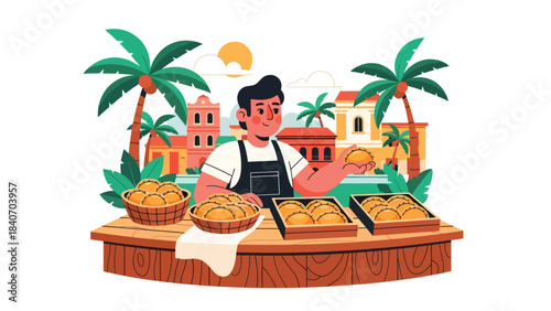 South American empanada vendor selling pastries from wooden stall. Flat vector for bakery snacks and cultural Latin street food themes