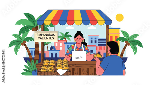 South American empanada vendor selling pastries from wooden stall. Flat vector for bakery snacks and cultural Latin street food themes