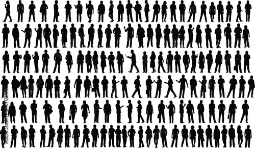 Large collection of diverse adult people silhouettes in various poses and actions