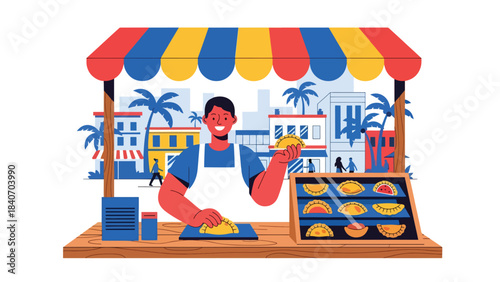 South American empanada vendor selling pastries from wooden stall. Flat vector for bakery snacks and cultural Latin street food themes