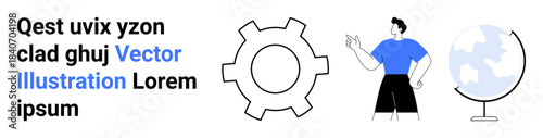 Businessperson gesturing beside gear and globe. Ideal for teamwork, global strategy, education, innovation, development, technology, simple landing page