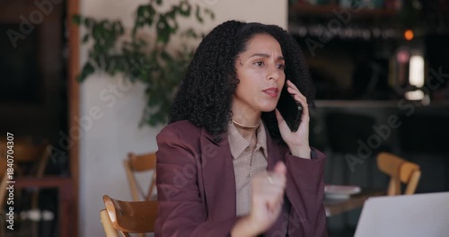 Laptop, woman and frustrated with phone call in cafe for fake news, story criticism or remote work. Tech, freelance journalist and contact editor in coffee shop for unreliable source or article error