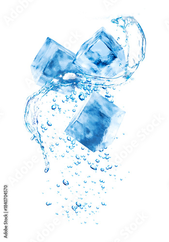 Ice cubes and splash of water in air on white background