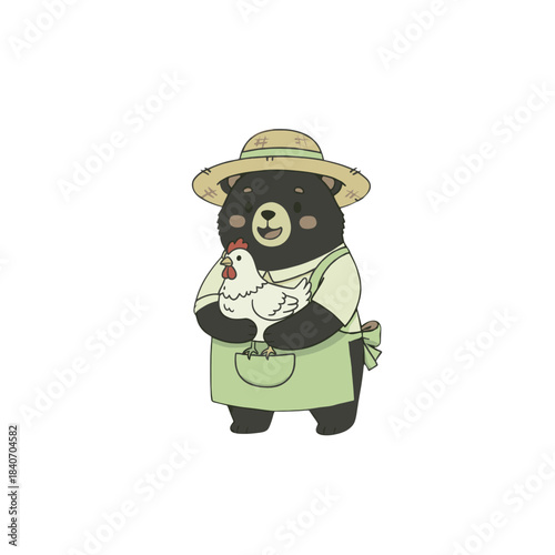 Cute Bear Farmer Holding Chicken Cartoon Vector Illustration