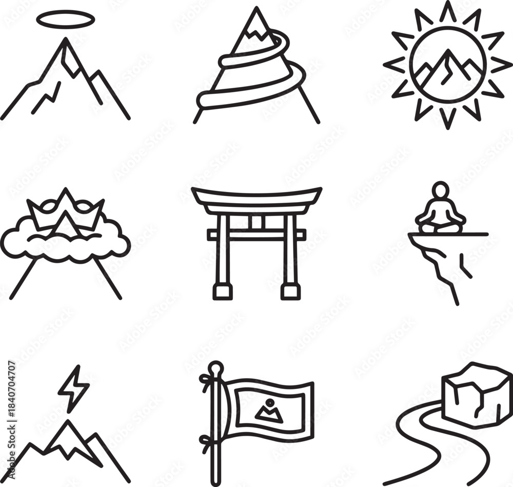 Fototapeta premium Sacred mountains and spiritual symbols of tranquility thin line icons set collection vector illustration