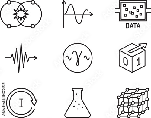 Science and research icons set physics chemistry and data analysis concepts