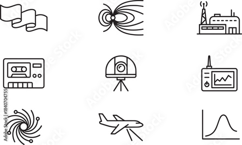 Science and technology icons: waving flag, magnetosphere, factory, cassette recorder, drone, chart