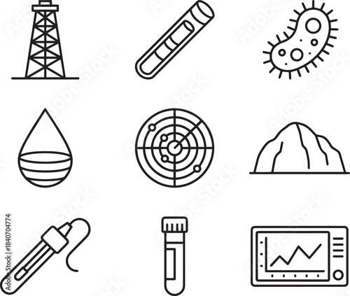 Scientific research and laboratory equipment line icons for experiment and analysis projects