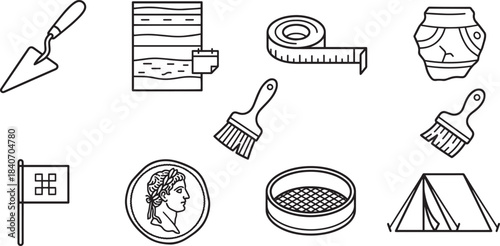 Set of archaeology tools and finds black line vector icons on transparent background