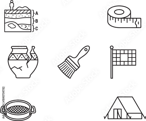 Set of archaeological site elements black line vector icons on transparent background
