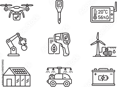 Smart agriculture and digital farming outline icons set with modern farm solutions