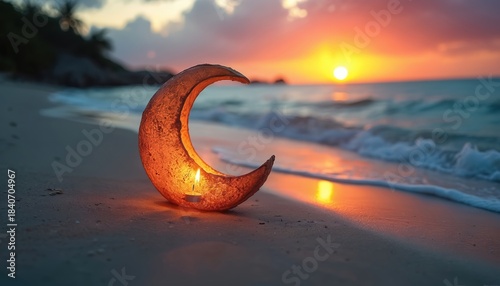 Moon shaped lantern with lit candle rests on sandy beach. Gentle ocean waves lap shore at sunset. Sky glows with warm orange hues, reflecting on sea.