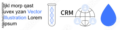 Science research, biotechnology, customer relationship management, data visualization, genetic studies, hydrology. A DNA helix in a test tube, CRM network globe water drop icon. Science research