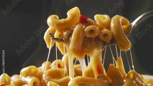 Macaroni and cheese on fork with stretching melted cheese. Hot pasta with steam on dark background. Delicious Italian food close up for dinner concept.
