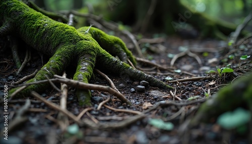 Close view of moss covered tree roots on forest floor. Damp earth, small plants, and fallen branches create natural texture. Dark, shaded woodland ambiance.