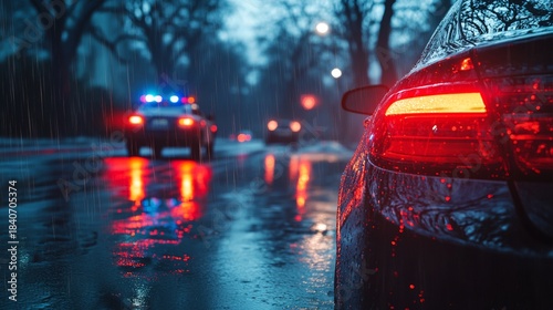 A police car with flashing lights follows vehicles down a wet city street at night, while the red glow of taillights reflects on the pavement, pursuit, danger, speed, and cinematic urban tension.