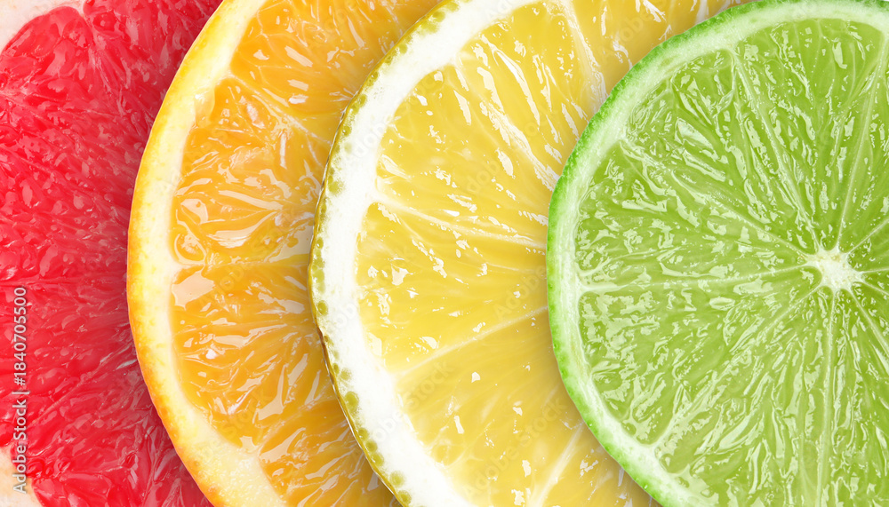 Fototapeta premium Citrus fruits as background. Slices of orange, lime, lemon and grapefruit, top view