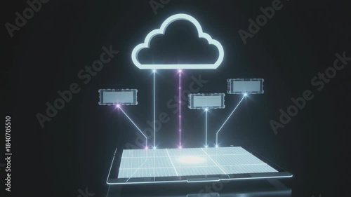 Cloud computing hologram with laptop and service blocks. Abstract digital platform network with data transfer lines for software deployment concept on dark background.