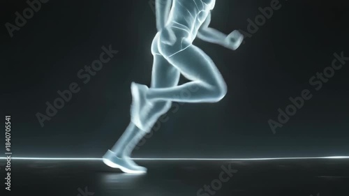 Running athlete hologram glowing with neon cyan light. Abstract digital runner with speed streaks for sport and performance concept on dark background.
