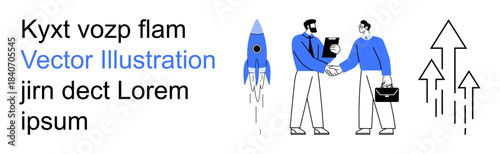 Business growth, partnerships, collaboration, entrepreneurship, startup ventures, progress. Rocket launching, two professionals shaking hands upward arrows progress. Business growth and partnerships