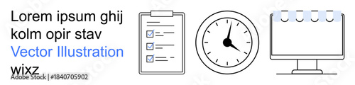 Time management, productivity tools, scheduling, organization, deadlines, project planning. A checklist, analog clock and monitor displaying a calendar. Time management and productivity tools