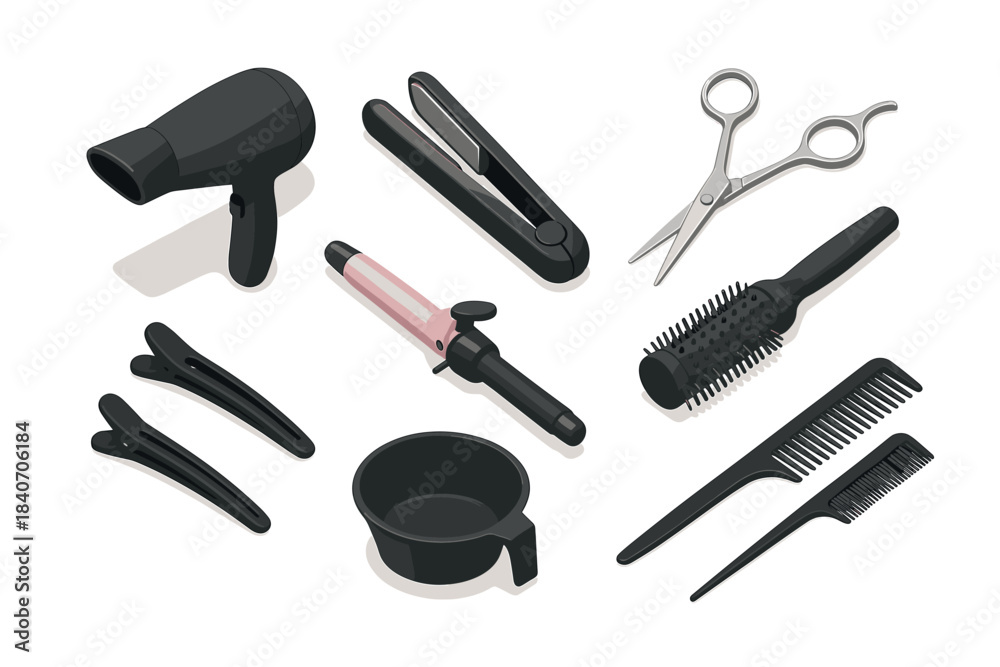 Obraz premium Essential hair styling tools: dryer, straightener, curler, comb, clips, scissors, brush