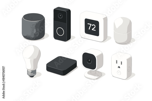 Smart home devices collection: speakers, cameras, thermostat, and plugs