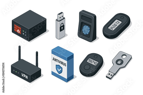 Assorted cybersecurity devices: router, usb, fingerprint scanner, antivirus, authentication tokens