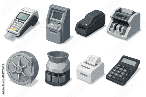 Vector icons of banking devices and equipment for financial transactions