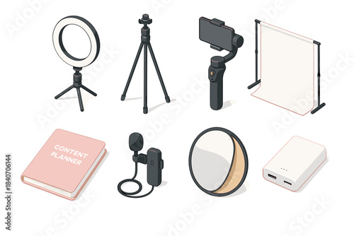 Essential content creation tools: ring light, tripod, gimbal, backdrop, microphone, mirror, power bank