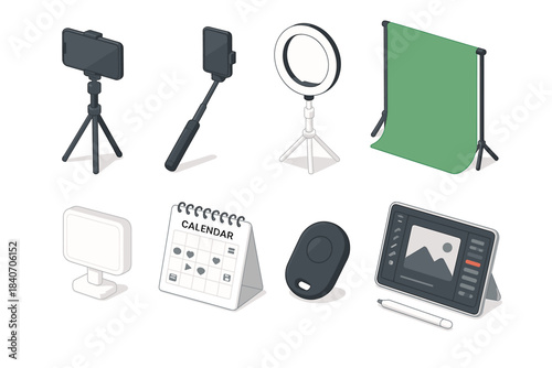 Photography equipment set with smartphone tripods and studio accessories