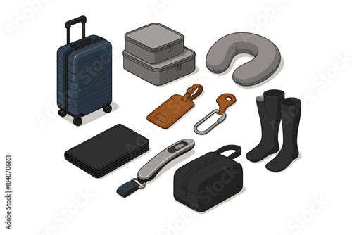 Travel essentials: luggage, neck pillow, organizers, tags, socks, passport holder, lock, adapter