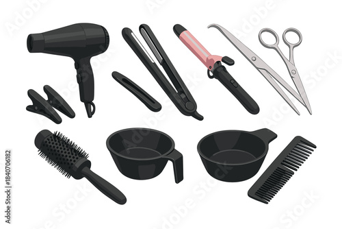 Assorted hair styling tools set with hairdryer, curling iron, and scissors