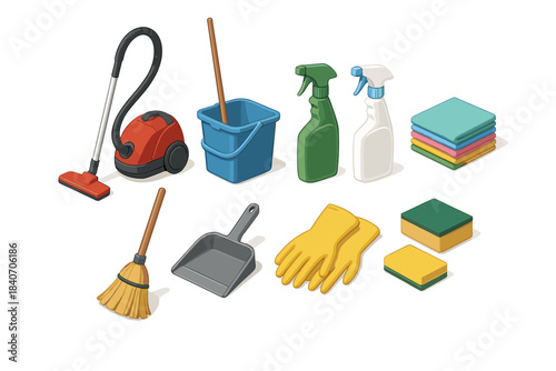 Household cleaning supplies with vacuum broom detergents and sponges