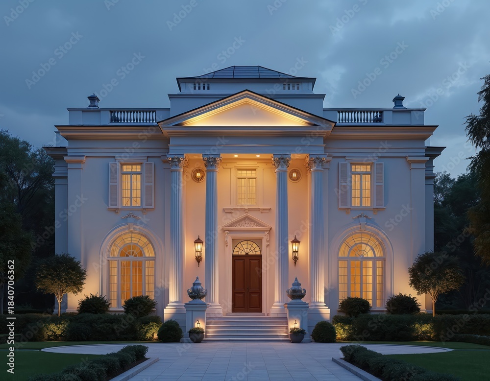Obraz premium Large mansion with classical architecture illuminated at dusk. Grand entrance with columns and arched windows. Manicured gardens surround luxury estate. Elegant home exterior at twilight.