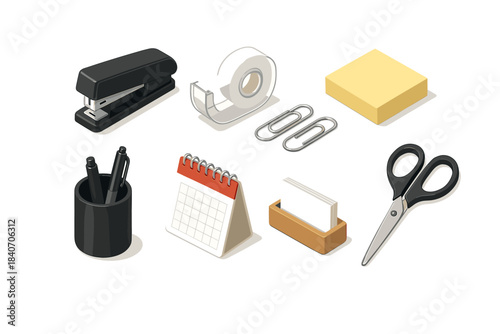 Office supplies collection: stapler, tape, clips, sticky notes, calendar, pen holder, scissors