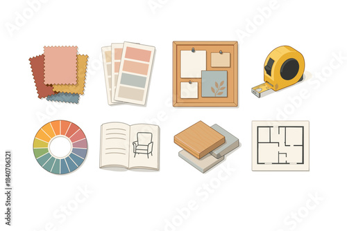 Interior design tools and materials: swatches, tape measure, color wheel, floor plan