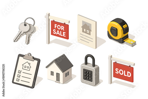 Real estate icons: for sale, sold, house, keys, lock, contract, tape measure