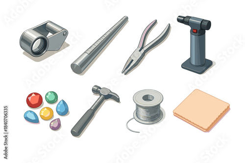Jewelry making tools and materials: pliers, torch, wire, hammer, gemstones