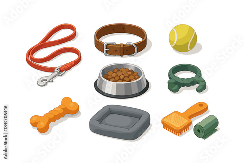 Essential dog accessories including leash, collar, bowl, toy, brush, bed, and ball