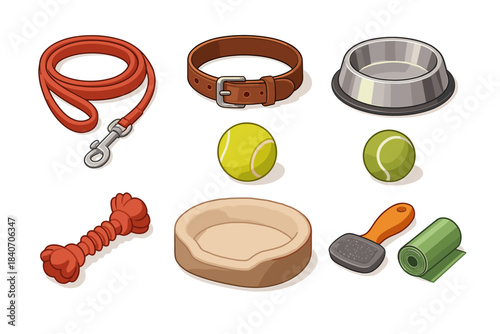 Dog essentials: leash, collar, bowls, toys, grooming tools, and waste bags